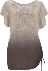 Ombre Beaded Tunic - neckline: round neck; sleeve style: angel/waterfall; bust detail: added detail/embellishment at bust; length: below the bottom; style: tunic; predominant colour: chocolate brown; occasions: casual, evening, holiday; fibres: viscose/rayon - 100%; fit: body skimming; hip detail: ruching/gathering at hip; sleeve length: short sleeve; texture group: cotton feel fabrics; pattern type: fabric; pattern size: small & light; pattern: patterned/print; embellishment: beading