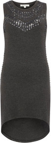 Charcoal Sparkle Bead Dip Top - neckline: round neck; pattern: plain; sleeve style: sleeveless; bust detail: added detail/embellishment at bust; predominant colour: charcoal; occasions: casual, evening; style: top; fibres: viscose/rayon - stretch; fit: body skimming; length: mid thigh; back detail: longer hem at back than at front; sleeve length: sleeveless; pattern type: fabric; pattern size: light/subtle; texture group: jersey - stretchy/drapey; embellishment: beading