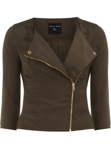 Khaki Gold Trim Poly Biker - pattern: plain; style: biker; collar: asymmetric biker; fit: slim fit; predominant colour: khaki; occasions: casual; length: standard; fibres: polyester/polyamide - 100%; waist detail: fitted waist; sleeve length: 3/4 length; sleeve style: standard; collar break: medium; pattern type: fabric; texture group: other - light to midweight