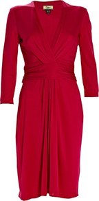 Silk Jersey Short Dress Magenta - style: faux wrap/wrap; length: mid thigh; neckline: low v-neck; fit: fitted at waist; pattern: plain; waist detail: twist front waist detail/nipped in at waist on one side/soft pleats/draping/ruching/gathering waist detail; bust detail: ruching/gathering/draping/layers/pintuck pleats at bust; predominant colour: true red; occasions: casual, evening, occasion; fibres: silk - 100%; hip detail: soft pleats at hip/draping at hip/flared at hip; sleeve length: 3/4 length; sleeve style: standard; pattern type: fabric; pattern size: standard; texture group: jersey - stretchy/drapey