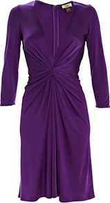 Silk Jersey Short Dress Amethyst - style: shift; neckline: low v-neck; pattern: plain; waist detail: twist front waist detail/nipped in at waist on one side/soft pleats/draping/ruching/gathering waist detail; bust detail: ruching/gathering/draping/layers/pintuck pleats at bust; predominant colour: purple; occasions: evening, occasion; length: just above the knee; fit: fitted at waist & bust; fibres: silk - 100%; hip detail: soft pleats at hip/draping at hip/flared at hip; sleeve length: 3/4 length; sleeve style: standard; texture group: silky - light; pattern type: fabric