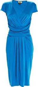 Silk Jersey Short Dress Hydrangea - style: faux wrap/wrap; neckline: low v-neck; sleeve style: capped; pattern: plain; waist detail: wide waistband/cummerbund; bust detail: ruching/gathering/draping/layers/pintuck pleats at bust; predominant colour: royal blue; occasions: casual, evening, work; length: just above the knee; fit: body skimming; fibres: silk - 100%; hip detail: soft pleats at hip/draping at hip/flared at hip; sleeve length: short sleeve; pattern type: fabric; texture group: jersey - stretchy/drapey