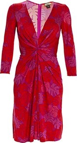 Silk Jersey Short Dress Orchid - style: shift; neckline: plunge; fit: tailored/fitted; waist detail: twist front waist detail/nipped in at waist on one side/soft pleats/draping/ruching/gathering waist detail; hip detail: fitted at hip; predominant colour: true red; occasions: casual, evening, work, occasion; length: on the knee; fibres: silk - 100%; sleeve length: 3/4 length; sleeve style: standard; trends: high impact florals, statement prints; pattern type: fabric; pattern size: big & busy; pattern: patterned/print; texture group: jersey - stretchy/drapey