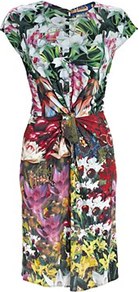 Printed Dress - style: shift; neckline: round neck; sleeve style: capped; fit: tailored/fitted; waist detail: twist front waist detail/nipped in at waist on one side/soft pleats/draping/ruching/gathering waist detail; hip detail: fitted at hip; occasions: casual, work, occasion; length: just above the knee; fibres: viscose/rayon - 100%; predominant colour: multicoloured; sleeve length: short sleeve; trends: high impact florals; pattern type: fabric; pattern size: big & busy; pattern: florals; texture group: jersey - stretchy/drapey