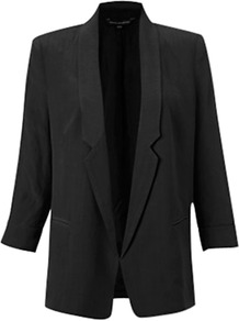 3/4 Length Plain Jacket - pattern: plain; style: single breasted blazer; length: below the bottom; collar: standard lapel/rever collar; predominant colour: black; occasions: casual, evening, work, occasion; fit: straight cut (boxy); fibres: viscose/rayon - 100%; back detail: back vent/flap at back; sleeve length: 3/4 length; sleeve style: standard; texture group: crepes; trends: tuxedo; collar break: high/illusion of break when open; pattern type: fabric; pattern size: standard