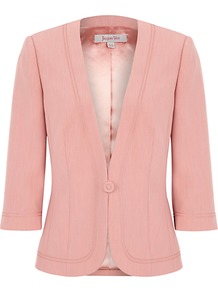 Braid Detail Jacket, Coral - pattern: plain; style: single breasted blazer; fit: slim fit; collar: standard lapel/rever collar; predominant colour: nude; occasions: casual, evening, work, occasion; length: standard; fibres: polyester/polyamide - 100%; waist detail: fitted waist; sleeve length: 3/4 length; sleeve style: standard; collar break: low/open; pattern type: knitted - other; pattern size: standard; texture group: jersey - stretchy/drapey