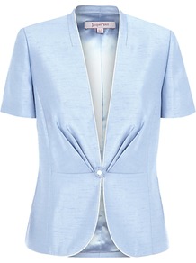Fitted Jacket, Light Blue - pattern: plain; style: single breasted blazer; collar: standard lapel/rever collar; predominant colour: pale blue; occasions: evening, work, occasion; length: standard; fit: tailored/fitted; waist detail: fitted waist; sleeve length: short sleeve; sleeve style: standard; texture group: structured shiny - satin/tafetta/silk etc.; collar break: low/open; pattern type: fabric; fibres: viscose/rayon - mix