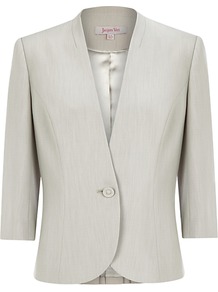 Occasion Jacket, Cream - pattern: plain; style: single breasted blazer; collar: standard lapel/rever collar; predominant colour: ivory; occasions: casual, evening, work, occasion; length: standard; fit: tailored/fitted; fibres: polyester/polyamide - 100%; sleeve length: 3/4 length; sleeve style: standard; texture group: sheer fabrics/chiffon/organza etc.; collar break: low/open; pattern type: fabric; pattern size: standard