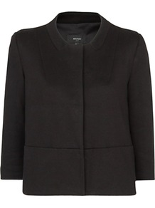 Minimalist Jacket - pattern: plain; style: single breasted blazer; collar: round collar/collarless; predominant colour: black; occasions: casual, evening, work, occasion; length: standard; fit: straight cut (boxy); fibres: cotton - mix; sleeve length: 3/4 length; sleeve style: standard; texture group: cotton feel fabrics; collar break: high; pattern type: fabric; pattern size: standard