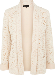 Contrast Lace Jacket, Cream - pattern: plain; style: single breasted blazer; collar: shawl/waterfall; predominant colour: ivory; occasions: evening, work, occasion; length: standard; fit: tailored/fitted; fibres: cotton - mix; sleeve length: long sleeve; sleeve style: standard; texture group: lace; trends: tuxedo; collar break: low/open; pattern type: fabric