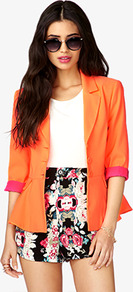 Three Button Peplum Blazer - pattern: plain; style: single breasted blazer; collar: standard lapel/rever collar; predominant colour: bright orange; occasions: casual, evening, work, occasion, holiday; length: standard; fit: tailored/fitted; fibres: polyester/polyamide - stretch; waist detail: peplum detail at waist; sleeve length: 3/4 length; sleeve style: standard; texture group: cotton feel fabrics; trends: fluorescent; collar break: medium; pattern type: fabric; pattern size: light/subtle