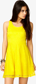 Fit & Flare Floral Lace Dress - length: mid thigh; neckline: round neck; pattern: plain; sleeve style: sleeveless; waist detail: fitted waist; predominant colour: yellow; occasions: casual, evening, holiday; fit: fitted at waist & bust; style: fit & flare; fibres: nylon - mix; sleeve length: sleeveless; texture group: lace; pattern type: fabric; pattern size: standard