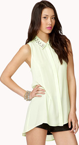 Studded Cutout Chiffon Shirt - neckline: shirt collar/peter pan/zip with opening; pattern: plain; sleeve style: sleeveless; bust detail: added detail/embellishment at bust; length: below the bottom; style: shirt; predominant colour: lime; occasions: casual, evening, holiday; fibres: polyester/polyamide - 100%; fit: loose; back detail: longer hem at back than at front; sleeve length: sleeveless; texture group: sheer fabrics/chiffon/organza etc.; pattern type: fabric; pattern size: small & light; embellishment: studs