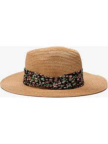Floral Trimmed Straw Fedora - predominant colour: camel; occasions: casual, holiday; type of pattern: small; style: fedora; size: standard; material: macrame/raffia/straw; embellishment: ribbon; pattern: florals