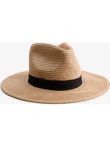 Panama Hat - predominant colour: camel; occasions: casual, holiday; type of pattern: standard; style: panama; size: standard; material: macrame/raffia/straw; embellishment: ribbon; pattern: plain