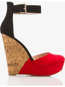Colorblocked D'orsay Wedges - predominant colour: true red; occasions: evening, occasion; material: faux leather; heel height: high; embellishment: buckles; ankle detail: ankle strap; heel: wedge; toe: round toe; style: courts; finish: plain; pattern: plain