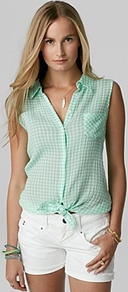 Shirt Mini Gingham Tie Front - neckline: shirt collar/peter pan/zip with opening; sleeve style: sleeveless; pattern: checked/gingham; style: shirt; predominant colour: emerald green; occasions: casual, holiday; length: standard; fibres: cotton - mix; fit: straight cut; sleeve length: sleeveless; texture group: sheer fabrics/chiffon/organza etc.; pattern type: fabric; pattern size: standard