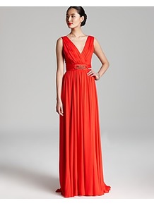 Gown Sleeveless V Neck Belted - style: ballgown; neckline: v-neck; fit: fitted at waist; sleeve style: sleeveless; waist detail: embellishment at waist/feature waistband; back detail: low cut/open back; bust detail: ruching/gathering/draping/layers/pintuck pleats at bust; predominant colour: bright orange; occasions: evening, occasion; length: floor length; fibres: silk - 100%; hip detail: soft pleats at hip/draping at hip/flared at hip; shoulder detail: flat/draping pleats/ruching/gathering at shoulder; sleeve length: sleeveless; texture group: sheer fabrics/chiffon/organza etc.; pattern type: fabric; pattern size: standard; embellishment: beading