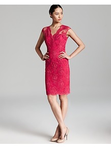 Dress Cap Sleeve Lace - style: shift; neckline: low v-neck; sleeve style: capped; pattern: plain; waist detail: fitted waist; hip detail: fitted at hip; predominant colour: hot pink; occasions: evening, work, occasion; length: just above the knee; fit: body skimming; fibres: polyester/polyamide - 100%; sleeve length: short sleeve; texture group: lace; trends: glamorous day shifts; pattern type: fabric; pattern size: standard; embellishment: embroidered