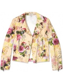 Ponpan Floral Biker Jacket - style: biker; collar: asymmetric biker; predominant colour: primrose yellow; occasions: casual, evening, holiday; length: standard; fit: tailored/fitted; fibres: cotton - 100%; sleeve length: long sleeve; sleeve style: standard; trends: high impact florals; collar break: high/illusion of break when open; pattern type: fabric; pattern size: small & busy; pattern: florals; texture group: woven light midweight