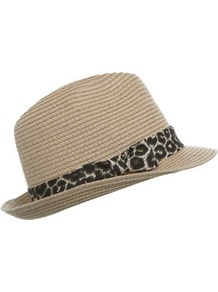 Leopard Trim Trilby - predominant colour: stone; occasions: casual, holiday; type of pattern: small; style: trilby; size: standard; material: macrame/raffia/straw; embellishment: ribbon; pattern: animal print
