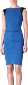 Curacao Dress - style: shift; neckline: slash/boat neckline; fit: tight; pattern: plain; sleeve style: sleeveless; waist detail: fitted waist; shoulder detail: contrast pattern/fabric at shoulder; predominant colour: royal blue; occasions: evening, work, occasion; length: just above the knee; fibres: viscose/rayon - stretch; sleeve length: sleeveless; trends: glamorous day shifts; pattern type: fabric; pattern size: standard; texture group: other - light to midweight