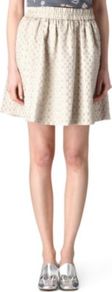 Romy Polka Dot Skirt - length: mid thigh; fit: body skimming; style: pleated; waist detail: elasticated waist; waist: high rise; pattern: polka dot; predominant colour: stone; occasions: casual, work; fibres: polyester/polyamide - mix; pattern type: fabric; pattern size: standard; texture group: brocade/jacquard