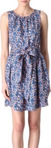 Tootsie Silk Dress - length: mid thigh; neckline: round neck; fit: fitted at waist; sleeve style: sleeveless; style: sundress; waist detail: belted waist/tie at waist/drawstring; predominant colour: denim; occasions: casual, evening, work, holiday; fibres: silk - 100%; hip detail: soft pleats at hip/draping at hip/flared at hip; sleeve length: sleeveless; texture group: silky - light; trends: statement prints; pattern type: fabric; pattern size: small & busy; pattern: patterned/print