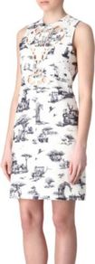 Cut Out Safari Print Dress - style: shift; length: mid thigh; fit: tailored/fitted; sleeve style: sleeveless; bust detail: added detail/embellishment at bust; waist detail: fitted waist; predominant colour: white; occasions: evening, occasion, holiday; fibres: cotton - 100%; neckline: crew; sleeve length: sleeveless; pattern type: fabric; pattern size: small & busy; pattern: patterned/print; texture group: other - light to midweight