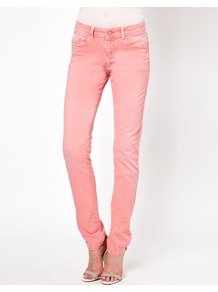 Elgin Supersoft Skinny Jeans In Washed Coral - style: skinny leg; length: standard; pattern: plain; waist: low rise; pocket detail: traditional 5 pocket; predominant colour: coral; occasions: casual; fibres: cotton - stretch; texture group: denim; pattern type: fabric; embellishment: studs