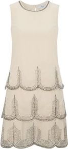 Charleston Dress Baby Pink - style: shift; neckline: round neck; pattern: plain; sleeve style: sleeveless; waist detail: drop waist; predominant colour: blush; occasions: evening, occasion; length: just above the knee; fit: soft a-line; fibres: polyester/polyamide - 100%; sleeve length: sleeveless; texture group: crepes; hip detail: ruffles/tiers/tie detail at hip; pattern type: fabric; pattern size: small & light; embellishment: beading