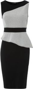 Dotty Peplum Dress Black - style: shift; neckline: round neck; fit: tailored/fitted; pattern: plain; sleeve style: sleeveless; hip detail: fitted at hip; shoulder detail: contrast pattern/fabric at shoulder; waist detail: peplum waist detail; predominant colour: black; occasions: casual, evening, occasion; length: on the knee; fibres: polyester/polyamide - stretch; sleeve length: sleeveless; pattern type: fabric; pattern size: standard; texture group: jersey - stretchy/drapey