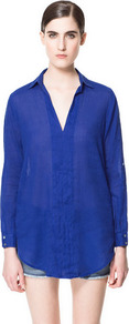 V Neck Blouse - pattern: plain; length: below the bottom; style: blouse; predominant colour: royal blue; occasions: casual, work, holiday; neckline: mandarin with v-neck; fibres: cotton - mix; fit: loose; sleeve length: long sleeve; sleeve style: standard; texture group: cotton feel fabrics; pattern type: fabric; pattern size: standard
