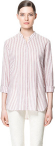 Mao Collar Shirt - pattern: vertical stripes; style: shirt; predominant colour: white; occasions: casual, work, holiday; length: standard; neckline: mandarin with v-neck; fibres: cotton - 100%; fit: loose; back detail: longer hem at back than at front; sleeve length: 3/4 length; sleeve style: standard; pattern type: fabric; pattern size: standard; texture group: jersey - stretchy/drapey