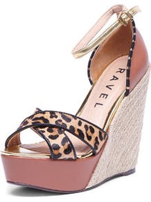 Tan Wedge Heel Espadrille - occasions: casual, holiday; predominant colour: multicoloured; material: leather; embellishment: buckles; ankle detail: ankle strap; heel: wedge; toe: open toe/peeptoe; style: standard; finish: plain; pattern: animal print; heel height: very high