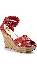 Plaited Wedge Sandals D Fit - predominant colour: true red; occasions: casual, holiday; material: faux leather; heel height: high; embellishment: buckles; ankle detail: ankle strap; heel: wedge; toe: open toe/peeptoe; style: strappy; finish: plain; pattern: plain