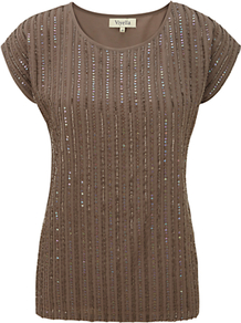 Beaded Shell Top, Sable - neckline: round neck; pattern: horizontal stripes; style: t-shirt; predominant colour: chocolate brown; occasions: casual, evening, work; length: standard; fibres: polyester/polyamide - 100%; fit: body skimming; sleeve length: short sleeve; sleeve style: standard; texture group: jersey - clingy; pattern type: fabric; pattern size: small & light; embellishment: beading