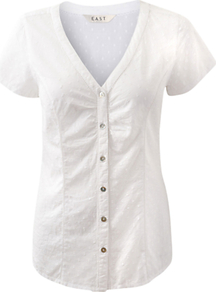 Dobby Spot Blouse, White - neckline: low v-neck; pattern: plain; style: blouse; predominant colour: white; occasions: casual, work; length: standard; fibres: cotton - 100%; fit: body skimming; sleeve length: short sleeve; sleeve style: standard; texture group: cotton feel fabrics; pattern type: fabric; pattern size: small & busy