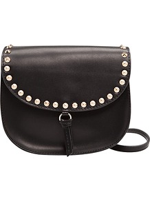 Flap Messenger Bag, Black - predominant colour: black; occasions: casual, evening, work; type of pattern: light; style: messenger; length: across body/long; size: small; material: leather; embellishment: studs; pattern: plain; finish: plain
