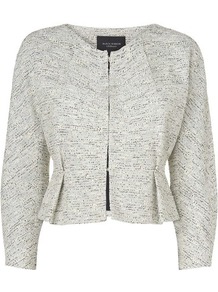 Alodie Tweed Jacket White Antique White - style: single breasted blazer; collar: round collar/collarless; length: cropped; pattern: herringbone/tweed; predominant colour: light grey; fit: tailored/fitted; fibres: cotton - mix; occasions: occasion; sleeve length: extra long; sleeve style: standard; collar break: high/illusion of break when open; pattern type: fabric; pattern size: small & light; texture group: woven light midweight