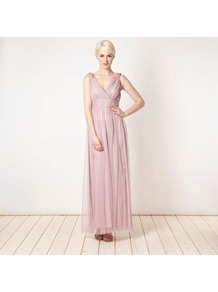 Lilac Mesh Ruched Bust Dress - neckline: low v-neck; fit: empire; pattern: plain; sleeve style: sleeveless; style: maxi dress; waist detail: fitted waist; bust detail: ruching/gathering/draping/layers/pintuck pleats at bust; predominant colour: lilac; occasions: evening, occasion; length: floor length; fibres: polyester/polyamide - 100%; hip detail: soft pleats at hip/draping at hip/flared at hip; shoulder detail: added shoulder detail; sleeve length: sleeveless; pattern type: fabric; texture group: net/tulle