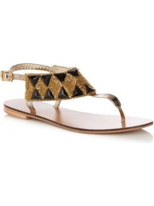 Light Gold Beaded Strap Sandals - predominant colour: gold; occasions: casual, evening, holiday; material: faux leather; heel height: flat; embellishment: beading; ankle detail: ankle strap; heel: standard; toe: toe thongs; style: flip flops / toe post; finish: metallic; pattern: diamonds