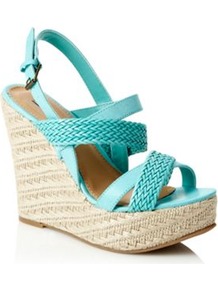 Turquoise Rope Trimmed High Wedge Sandals - predominant colour: turquoise; occasions: casual, holiday; material: faux leather; heel height: high; embellishment: buckles; heel: wedge; toe: open toe/peeptoe; style: strappy; finish: plain; pattern: plain