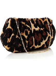 Designer Brown Beaded Animal Clutch Bag - predominant colour: chocolate brown; occasions: evening, occasion; type of pattern: standard; style: clutch; length: hand carry; size: small; material: satin; embellishment: beading; pattern: animal print; finish: plain