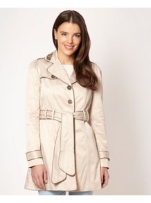 Beige Studded Collar Mac - pattern: plain; style: mac; fit: slim fit; collar: standard lapel/rever collar; length: mid thigh; predominant colour: stone; occasions: casual, evening, work; fibres: polyester/polyamide - mix; waist detail: belted waist/tie at waist/drawstring; shoulder detail: flat/draping pleats/ruching/gathering at shoulder; back detail: back vent/flap at back; sleeve length: long sleeve; sleeve style: standard; collar break: medium; pattern type: fabric; pattern size: standard; texture group: woven light midweight; embellishment: studs