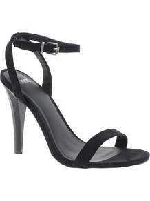 Henley Heeled Sandals - predominant colour: black; occasions: evening, occasion; material: faux leather; heel height: high; embellishment: buckles; ankle detail: ankle strap; heel: stiletto; toe: open toe/peeptoe; style: strappy; finish: plain; pattern: plain