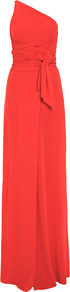 One Shoulder Silk Jersey Dress - pattern: plain; style: asymmetric (top); sleeve style: asymmetric sleeve; waist detail: wide waistband/cummerbund; predominant colour: true red; occasions: evening, occasion; length: floor length; fit: body skimming; fibres: silk - 100%; neckline: crew; sleeve length: sleeveless; texture group: silky - light; pattern type: fabric