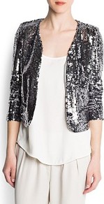 Sequined Crop Jacket - pattern: plain; style: cropped; collar: round collar/collarless; length: cropped; predominant colour: silver; occasions: evening, occasion; fit: straight cut (boxy); fibres: polyester/polyamide - 100%; sleeve length: long sleeve; sleeve style: standard; trends: metallics; pattern type: fabric; pattern size: standard; texture group: other - light to midweight; embellishment: sequins