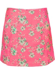 Pink Jacquard Mini Skirt - length: mini; fit: body skimming; waist: mid/regular rise; predominant colour: pink; occasions: casual, holiday; style: mini skirt; fibres: cotton - mix; trends: high impact florals; pattern type: fabric; pattern size: small & light; pattern: florals; texture group: brocade/jacquard