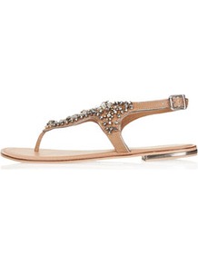Fliss Embellished Sandals - predominant colour: tan; occasions: casual, evening, holiday; material: leather; heel height: flat; embellishment: crystals; ankle detail: ankle strap; heel: standard; toe: toe thongs; style: flip flops / toe post; trends: metallics; finish: plain; pattern: plain